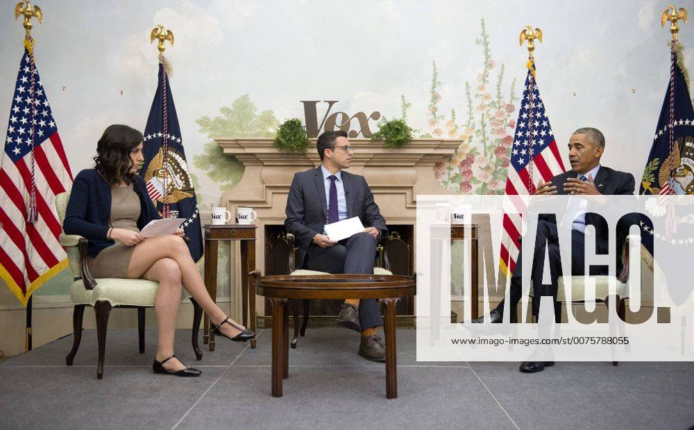 Washington, District of Columbia, United States of America - United States President Barack Obama, right, is interviewed by Ezra Klein, center, and Sarah Kliff, left, on Vox at the Blair House in Washington, DC on Friday, January 6, 2017. During the course of the interview he defended the Affordable Care Act (ACA) and challenged the GOP-led Congress to come up with a better plan..Credit: Pool via CNP Washington United States of America - ZUMAs152 20170106_zaa_s152_005
