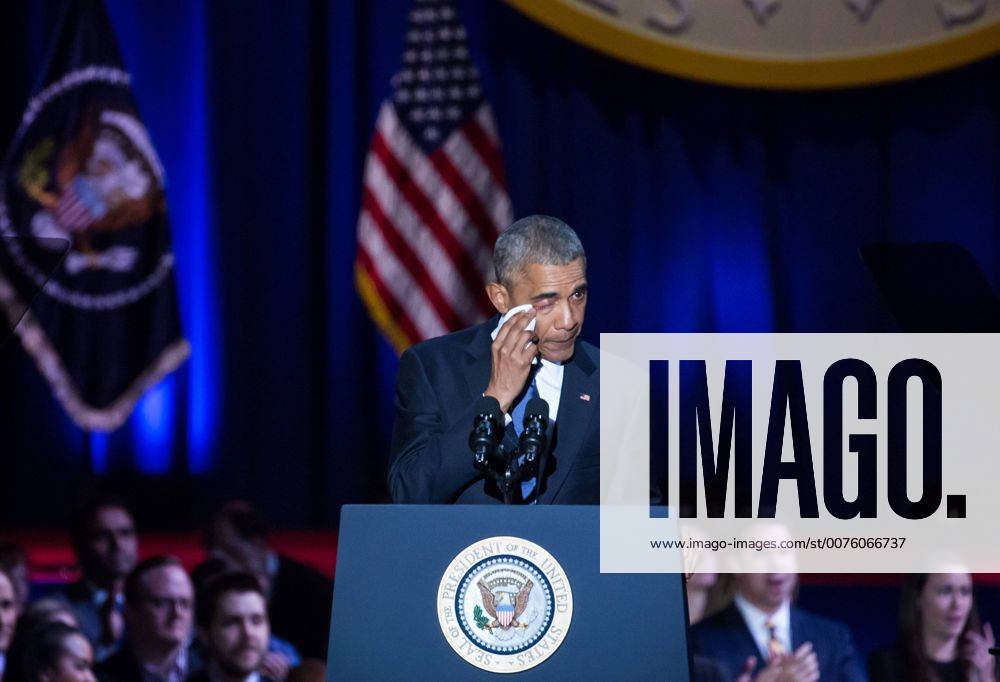 Chicago, IL, United States - On Tuesday, January 10, U.S. President Barack Obama wipes tears, as he gives thanks to his wife, First Lady Michelle Obama, for her dedication to country, family and being his best friend, during his farewell address to the American people at McCormick Place in Chicago, Illinois. Chicago United States - ZUMAn230 20170110_zaa_n230_430