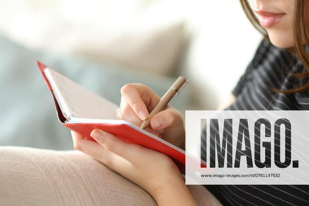 Woman hands writing in paper agenda on a couch at home, Close up portrait of a woman hands writing in paper agenda on a couch at home, Close up portrait of a woman hands writing in paper agenda on a couch at home model released, Symbolfoto , 19.08.2024,