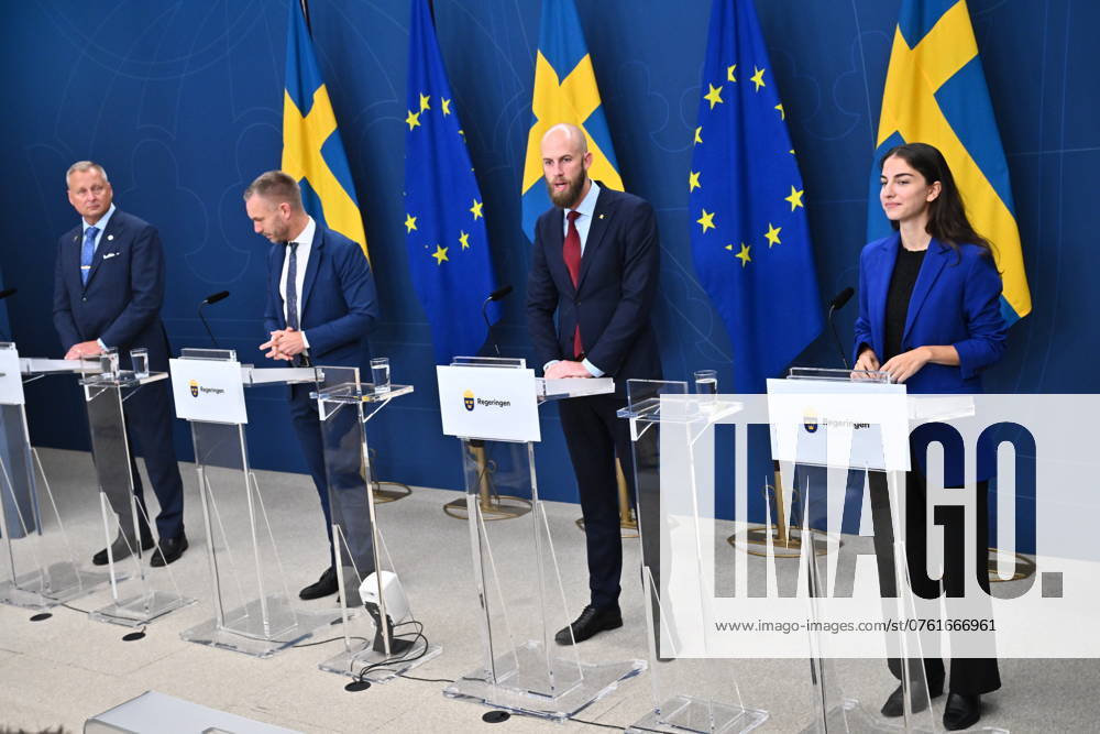 STOCKHOLM, SWEDEN 20240912 Minister of Civil Defense Carl Oskar Bohlin M , Minister of Civil Affairs Erik Slottner KD , Minister of Climate and Environment Romina Pourmokhtari L and Lars Wistedt SD will hold a press conference to present initiatives in the 2025 budget bill that will strengthen civil defense STOCKHOLM SWEDEN