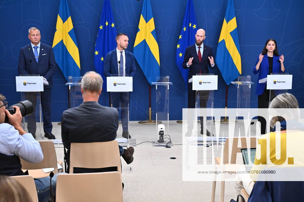 STOCKHOLM, SWEDEN 20240912 Minister of Civil Defense Carl Oskar Bohlin M , Minister of Civil Affairs Erik Slottner KD , Minister of Climate and Environment Romina Pourmokhtari L and Lars Wistedt SD will hold a press conference to present initiatives in the 2025 budget bill that will strengthen civil defense STOCKHOLM SWEDEN