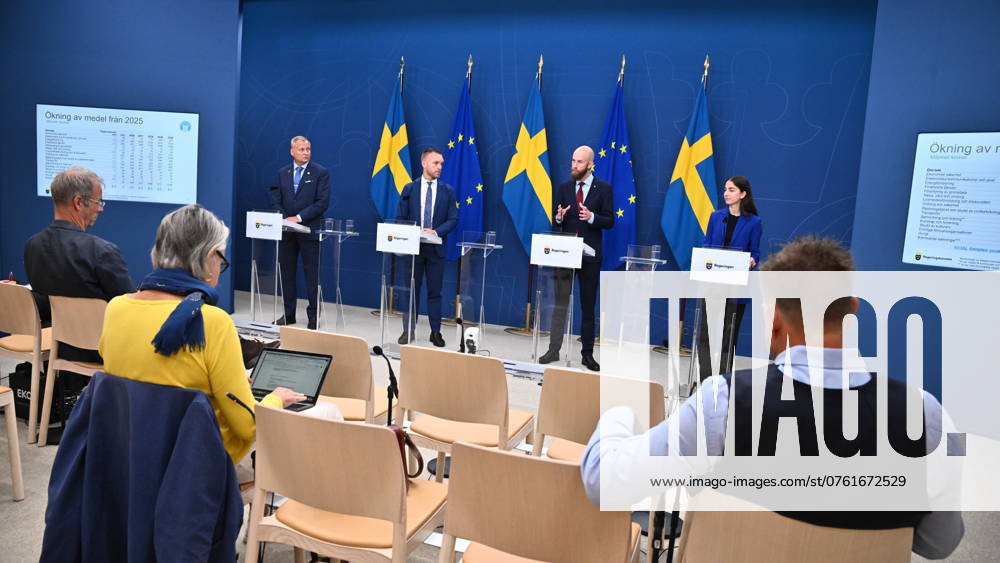 STOCKHOLM, SWEDEN 20240912 Minister of Civil Defense Carl Oskar Bohlin M , Minister of Civil Affairs Erik Slottner KD , Minister of Climate and Environment Romina Pourmokhtari L and Lars Wistedt SD will hold a press conference to present initiatives in the 2025 budget bill that will strengthen civil defense STOCKHOLM SWEDEN