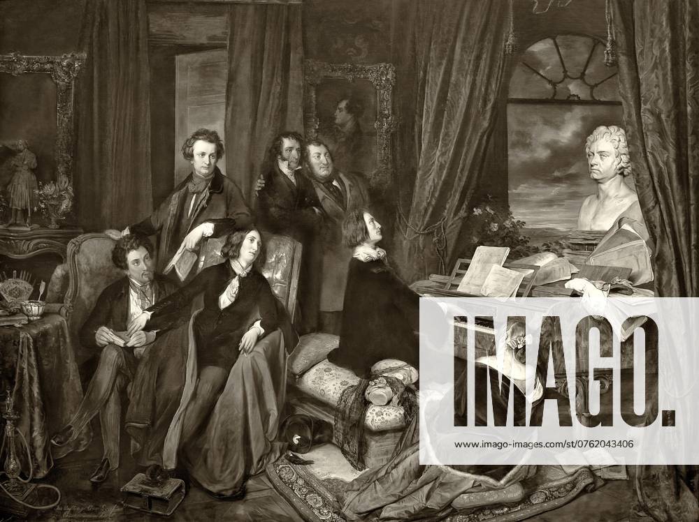 Franz Liszt am Klavier, von Josef Danhauser, 1840, mit Alfred de Musset oder Alexandre Dumas père, George Sand, Marie d Agoult, Hector Berlioz oder Victor Hugo, Niccolò Paganini, Gioachino Rossini, digital optimiert Franz Liszt at the Piano, by Josef Danhauser, 1840, with Alfred de Musset or Alexandre Dumas père, George Sand, Marie d Agoult, Hector Berlioz or Victor Hugo, Niccolò Paganini, Gioachino Rossini, digitally optimized