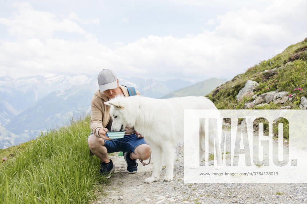 Man feeding drink to dog on dirt road in mountains model released, Symbolfoto property released, ELMF00836