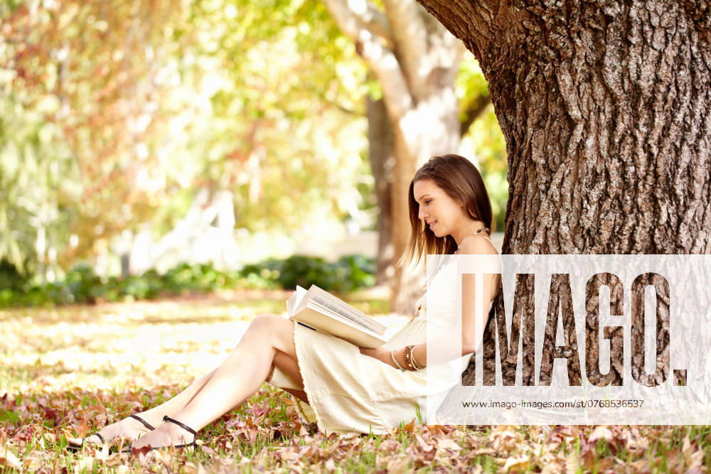 Woman, book and reading outdoors to relax, peace and calm in nature for travel adventure in New York. Happy female person, freedom and break by tree, literature and fiction in park, story or novel. model released property released