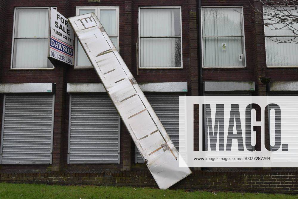 . 12 02 2017. Manchester, United Kingdom. Manchester Storms General view of a large sign hanging from a building following heavy winds in Stalybridge, Greater Manchester . xAnthonyxDevlinx xi-Imagesx IIM-14372-0002