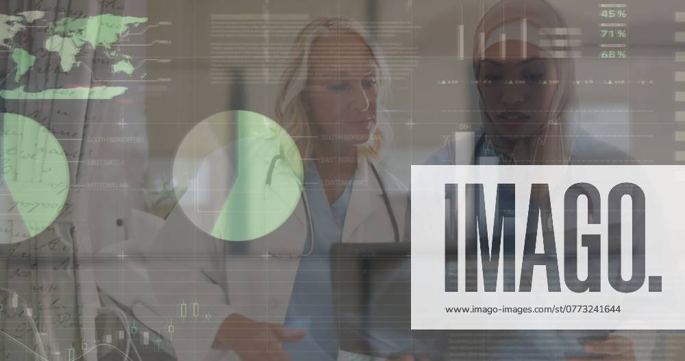 Image of infographic interface over diverse female doctors discussing reports in hospital. Digital composite, multiple exposure, global, report, business, medical, healthcare and communication. , 29.11.2022, 5157940.jpg , people,digital composite,multiple exposure,diverse female doctors,discussing reports,hospital,global,report,business,medical,healthcare,communication,infographic interface,professional team,collaboration,medical consultation,healthcare professionals,medical report discussion,hospital environment,digital healthcare,technology in medicine,diverse medical team,medical data analysis,doctor team meeting,healthcare communication,medical business,team collaboration,global healthcare,digital medical report,healthcare industry,dive