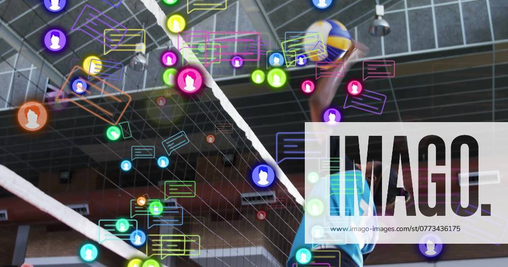 Image of social media icons with speech bubbles over diverse female volleyball players. Global social media, sports, communication and digital interface concept digitally generated image. , 26.03.2024, 5577512.jpg , people,social,media,icons,speech,bubbles,female,volleyball,players,communication,global,digital,interface,sports,teamwork,interaction,technology,connection,diversity,women,athletes,competition,socializing,networking,engagement,chat,dialogue,messaging,online,community,sharing,conversation,digitalization,sportsmanship,empowerment,fitness,leisure,recreation,lifestyle,youth,camaraderie,support,unity,fun,activity,performance,training,strategy,motivation,inspiration,collaboration