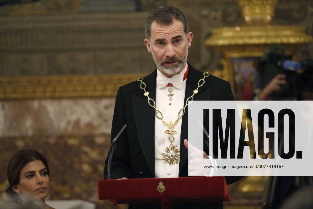 Spain s King Felipe VI delivers a speech at the beginning of a gala dinner held in honour of Argentinian President, Mauricio Macri (unseen) at Royal Palace in Madrid, Spain, 22 February 2017. Argentina s President, Mauricio Macri, is on a four-day long State visit to Spain aimed to strengthen bilateral ties. Spanish Royal Couple host a galla dinner for Argentinian President Mauricio Macri !ACHTUNG: NUR REDAKTIONELLE NUTZUNG!
