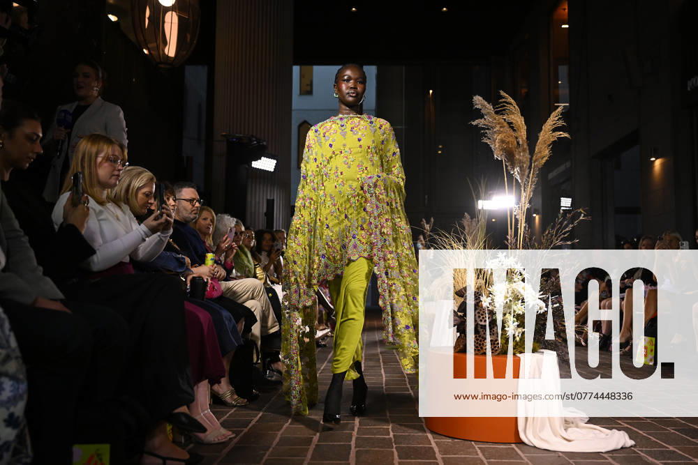 MELBOURNE FASHION WEEK PREVIEW, A model walks the runway during a Melbourne Fashion Week media preview in Melbourne, Monday, October 21, 2024. ( NO ARCHIVING, , NO USE IN BOOKS WITHOUT CONSENT Melbourne Victoria Australia