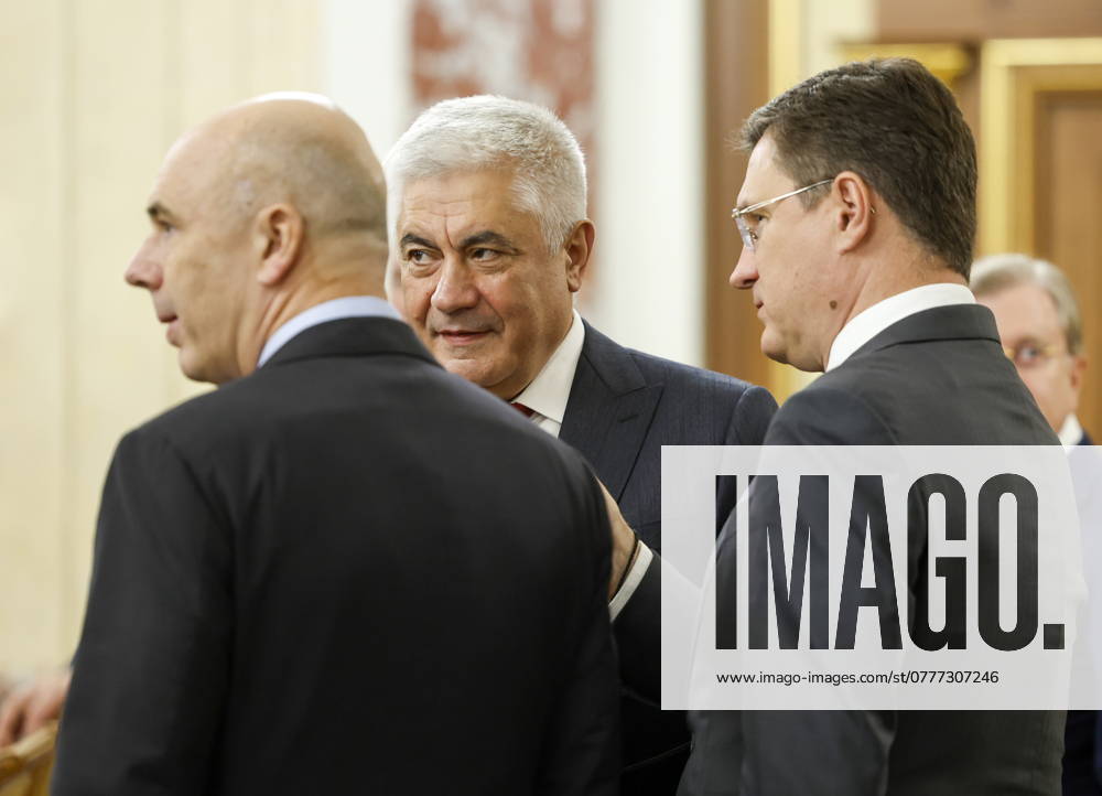 RUSSIA, MOSCOW - OCTOBER 31, 2024: Russia s Finance Minister Anton Siluanov, Deputy Prime Minister Alexander Novak (L-R front) and Interior Minister Vladimir Kolokoltsev arrive for a meeting at the House of the Government. Dmitry Astakhov POOL TASS 75549381