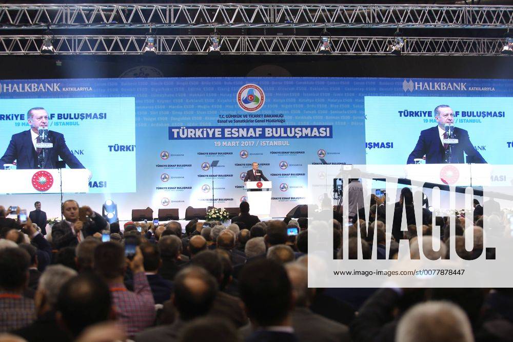 Turkish President Recep Tayyip Erdogan meets with the members of Chamber of Merchants and Craftsmen at Bagcilar city of Istanbul, 19th of March, 2017. 15651932