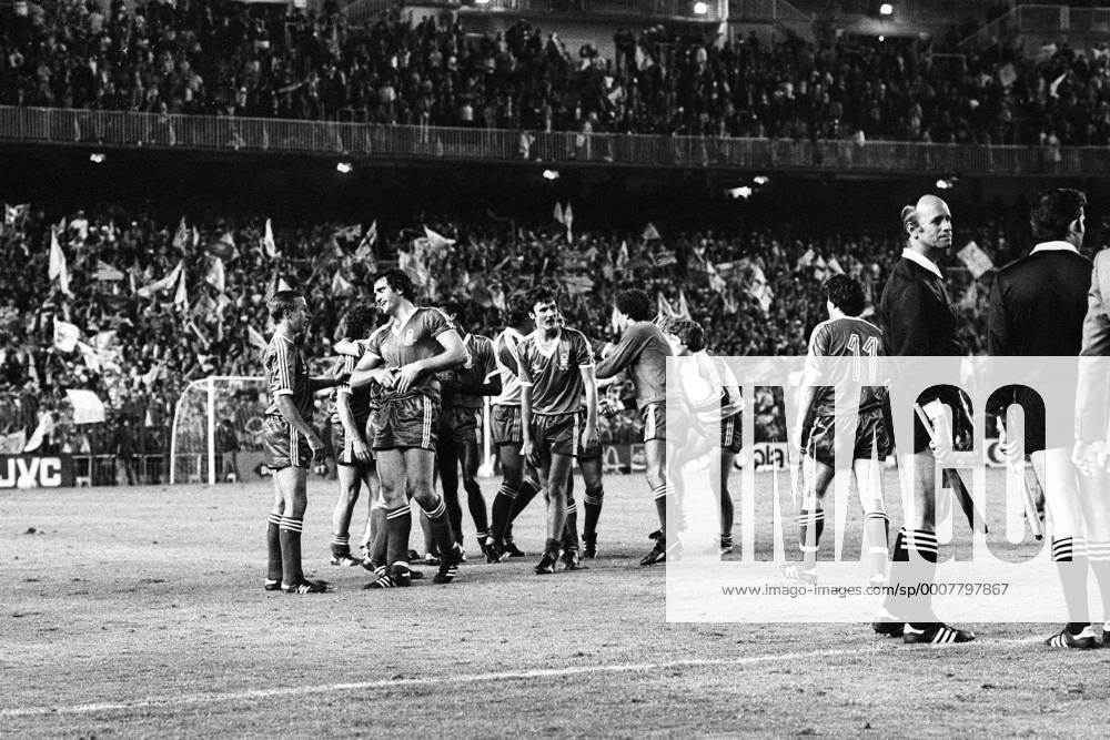 Nottingham Forest ist Europapokalsieger der Landesmeister 1980: Schlussjubel bei v.li. John McGovern, Larry Lloyd, Garry Birtles Mc Govern