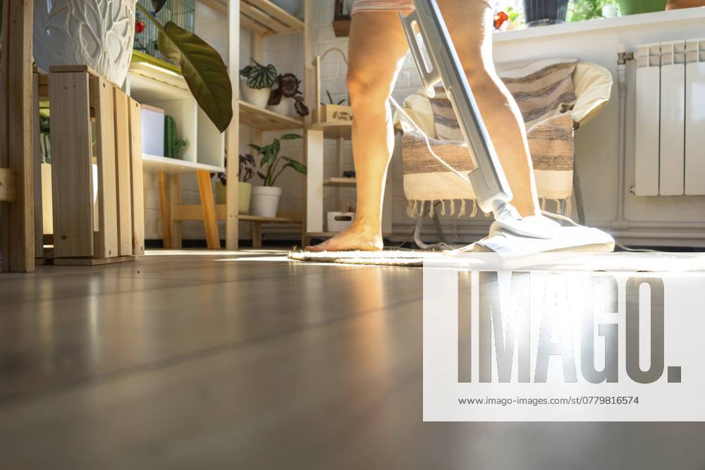 Eine Frau saugt einen runden Teppich in einem Haus zwischen Zimmerpflanzen mit einem Handstaubsauger. Allgemeine Reinigung des Hauses, Reinigungsservice und Hausfrau A woman vacuums a round carpet in a house among house plants with a hand vacuum cleaner. General cleaning of the house, cleaning service and housewife