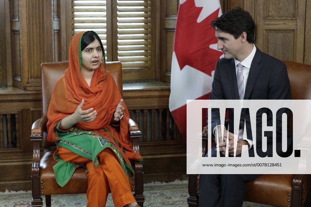 (170412) -- OTTAWA, April 12, 2017 -- Nobel Prize laureate and newly designated UN Messenger of Peace Malala Yousafzai (L) speaks during the meeting with Canadian Prime Minister Justin Trudeau in Ottawa, capital of Canada, on April 12, 2017. Nobel Prize laureate and newly designated UN Messenger of Peace Malala Yousafzai from Pakistan Wednesday addressed the Canadian parliament after accepting a honorary Canadian citizenship from Canadian Prime Minister Justin Trudeau. ) CANADA-OTTAWA-MALALA-HONORARY CANADIAN CITIZENSHIP DavidxKawai