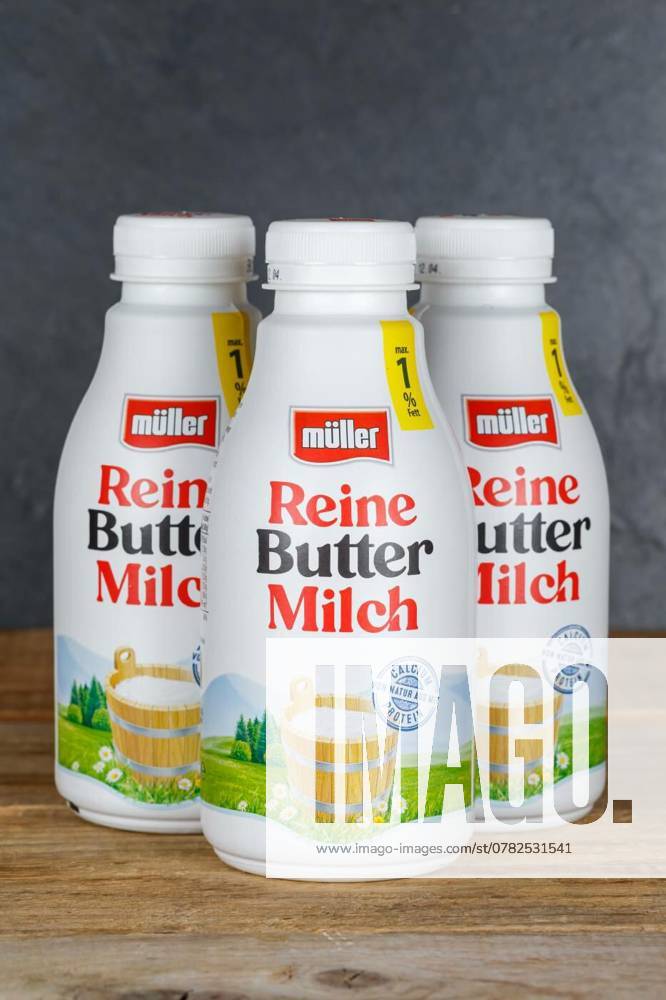 Pure buttermilk from Theo Müller company on a wooden board with copyspace copy space portrait format, Stuttgart, Germany - April 11, 2023: Pure buttermilk from Theo Müller company on a wooden board with copyspace copy space portrait format in Stuttgart, Germany., Stuttgart, Germany - April 11, 2023: Pure buttermilk from Theo Müller company on a wooden board with copyspace copy space portrait format in Stuttgart, Germany., 07.10.2024,