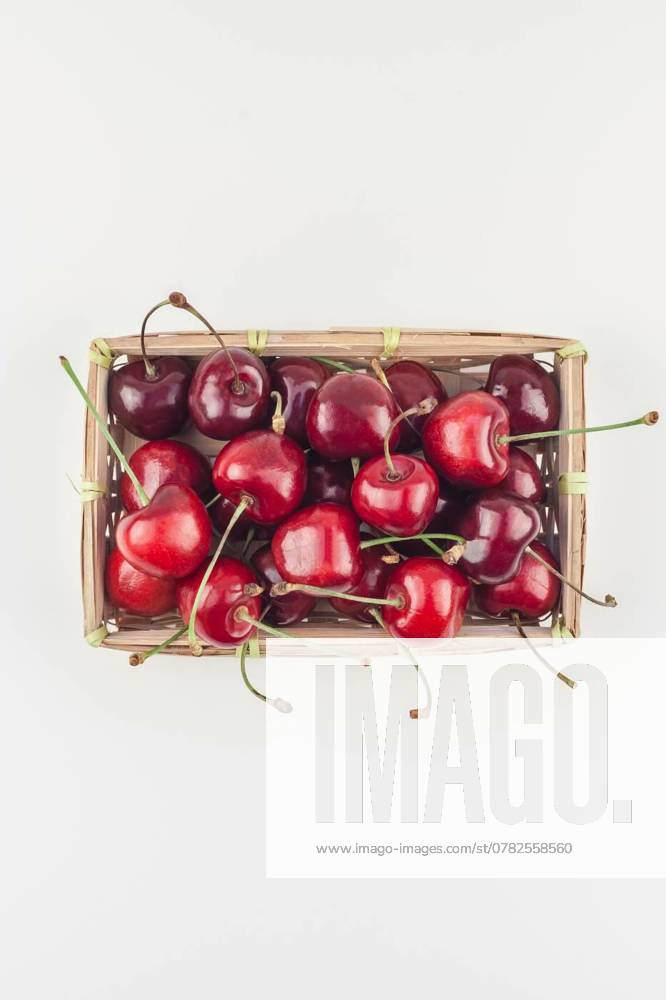 IMAGO Creative, Jahreszeit Sommer, Kirschen Fresh ripe cherry in a small wicker basket, Creative top view of fresh ripe cherry in a small wicker basket with copy space isolated white background minimal style. Concept of summer fun and healthy eating. Template for your text or food design, Creative top view of fresh ripe cherry in a small wicker basket with copy space isolated white background minimal style. Concept of summer fun and healthy eating. Template for your text or food design, 09.10.2024,