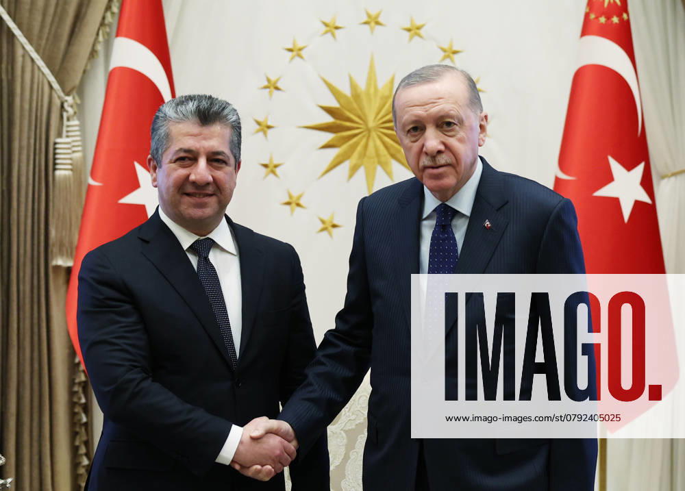 (250107) -- ANKARA, Jan. 7, 2025 -- Turkish President Recep Tayyip Erdogan (R) shakes hands with Masrour Barzani, prime minister of Iraq s Kurdistan Regional Government (KRG), during their meeting in Ankara, T¨¹rkiye, on Jan. 7, 2025. Erdogan met Barzani on Tuesday in Ankara to discuss relations and regional issues. ( Handout via Xinhua) T?RKIYE-ANKARA-PRESIDENT-IRAQ-KURDISH LEADER-MEETING MustafaxKaya