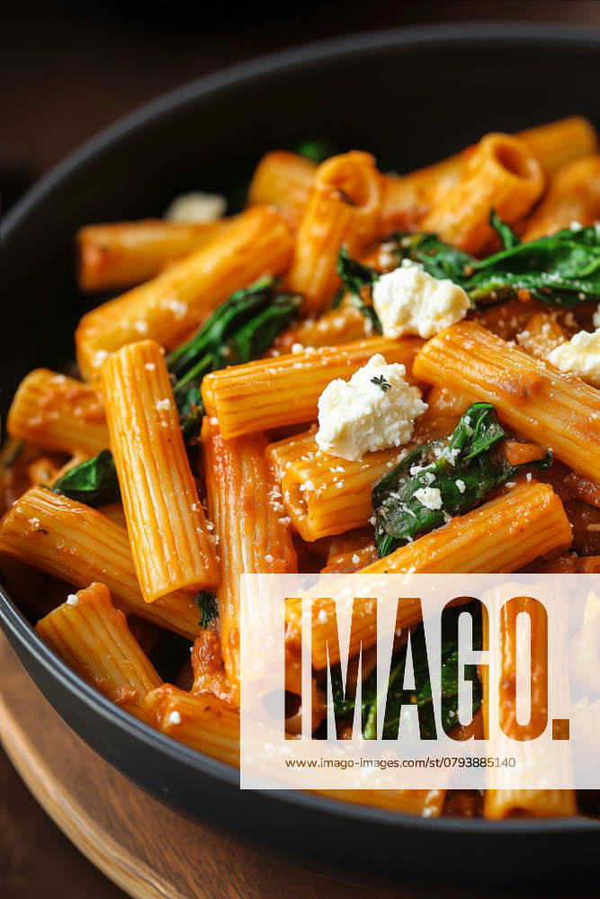 A close-up image showcasing a sumptuous bowl of Italian pasta, enriched with vibrant green spinach and crumbled feta cheese, coated in a rich tomato sauce. Model Released EduardoLopez_ID25643_740514_003
