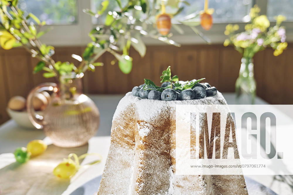Pandoro bread decorated with icing sugar and blueberries property released, CATF00577