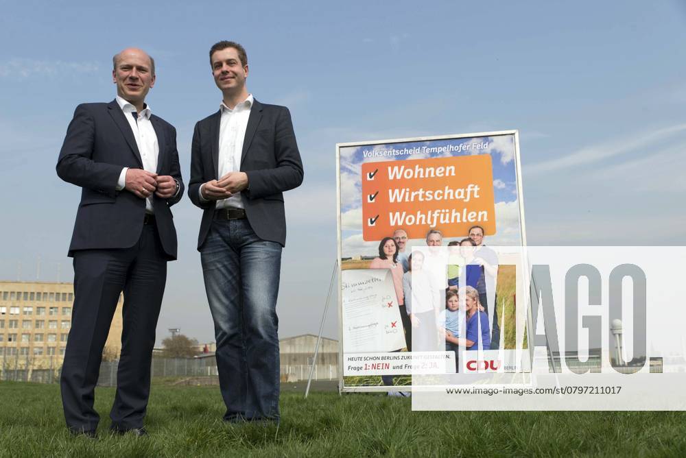 Vorstellung der CDU-Plakatkampagne zum Volksentscheid ueber die Zukunft des Tempelhofer Feld in Berlin mit Kai Wegner, Generalsekretaer, und dem stadtentwicklungspolitischen Sprecher der CDU-Fraktion, Stefan Evers, Berlin Deutschland, Germany