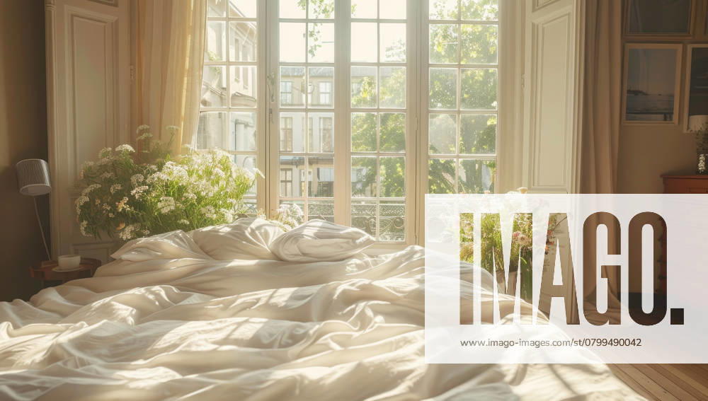A sunlit bedroom with an unmade bed featuring white sheets, large windows, and beautiful flowers creating a serene and cozy atmosphere in the morning.