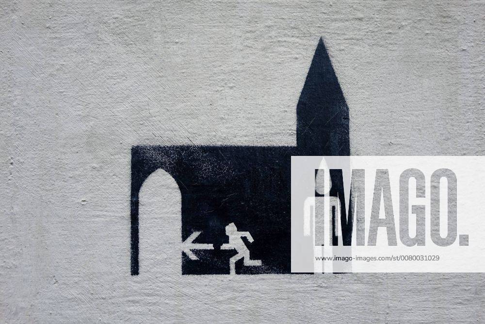 Bonn, Altstadt, Nordrhein-Westfalen, Bonn, Hauswand, Graffiti, Streetart, Kirche, Flucht, Fluchtweg, flüchten, Austritt, austreten