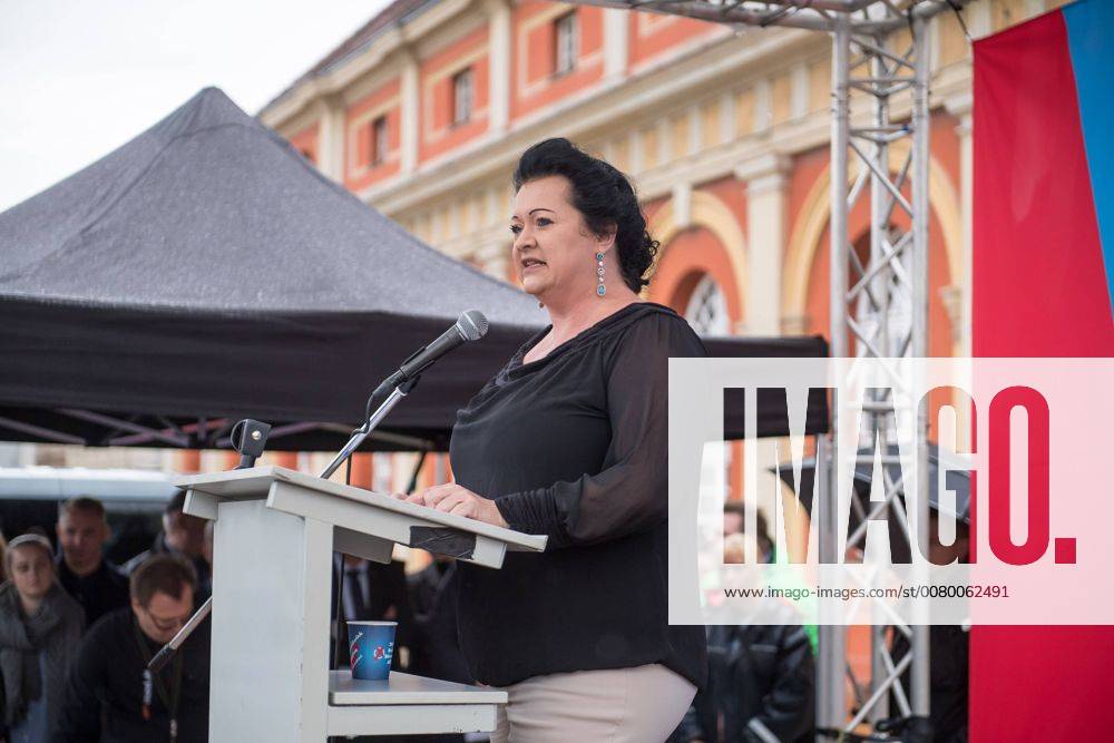 Politik Potsdam AfD-Kundgebung AfD-Kundgebung in Potsdam. Ca. 70 AfD-Anhaenger kamen am Samstag den 9. September 2017 zu einer Wahlveranstaltung der rechtsnationalistischen Alternative fuer Deutschland , AfD. Unter den Teilnehmern waren u.a. Neonazis die Patrioten Cottbus oder die sog. Schwarze Sonne , ein Zeichen der SS auf ihren Jacken trugen. Offiziell hatte die AfD die Kundgebung als Gruendung einer rechten Gewerkschaft namens Alternativer Arbeitnehmerverband Mitteldeutschland (Alarm) in Brandenburg deklariert. 500 Menschen protestierten friedlich gegen die Veranstaltung. Im Bild: Birgit Bessin aus Worms, stellvertretende Landesvorsitzende der AfD-Brandenburg. 9.9.2017, Potsdam