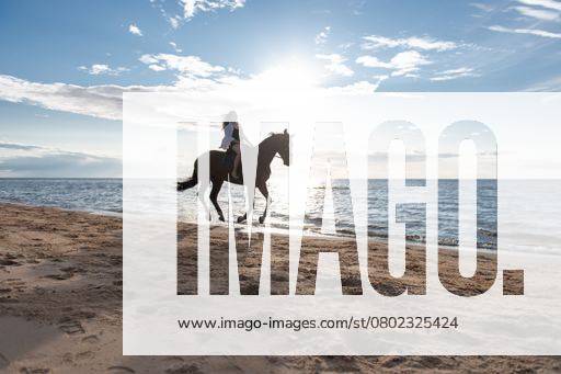 A beautiful young woman riding her horse through the water on a sunny beach 22396952 ,model released, Symbolfoto RECORD DATE NOT STATED