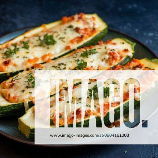 Cheesy zucchini boats with garlic and herbs, topped with parsley. Served on a plate with a dark, textured background. 27408612 RECORD DATE NOT STATED