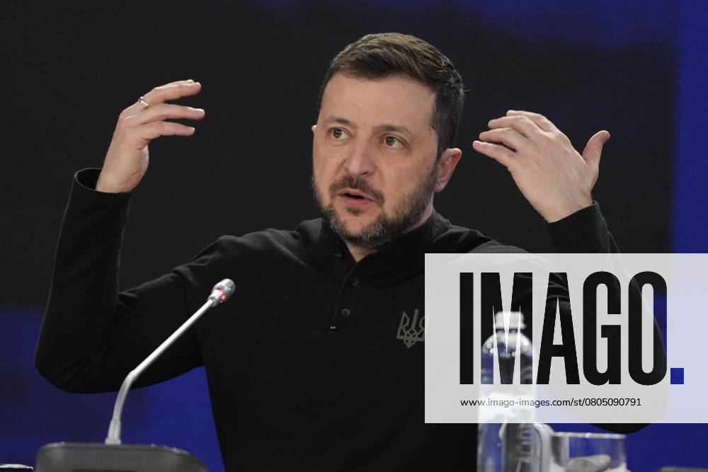 Ukrainian President Volodymyr Zelenskyy gestures during a news conference at a security summit in Kyiv, Ukraine, Monday, Feb. 24, 2025. Kyiv Ukraine - ZUMAc35_ 20250224_zaf_c35_085