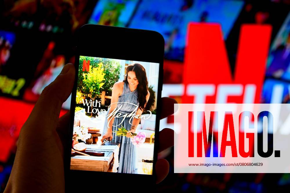 Illustration logos in France - 7 Mar 2025 Poster on phone of the series With Love Meghan on Meghan Markle available on the Netflix platform. Poster on phone of the series With Love Meghan on Meghan Markle available on the Netflix platform. Photo taken in Clonas, France on Friday March 07, 2025. France