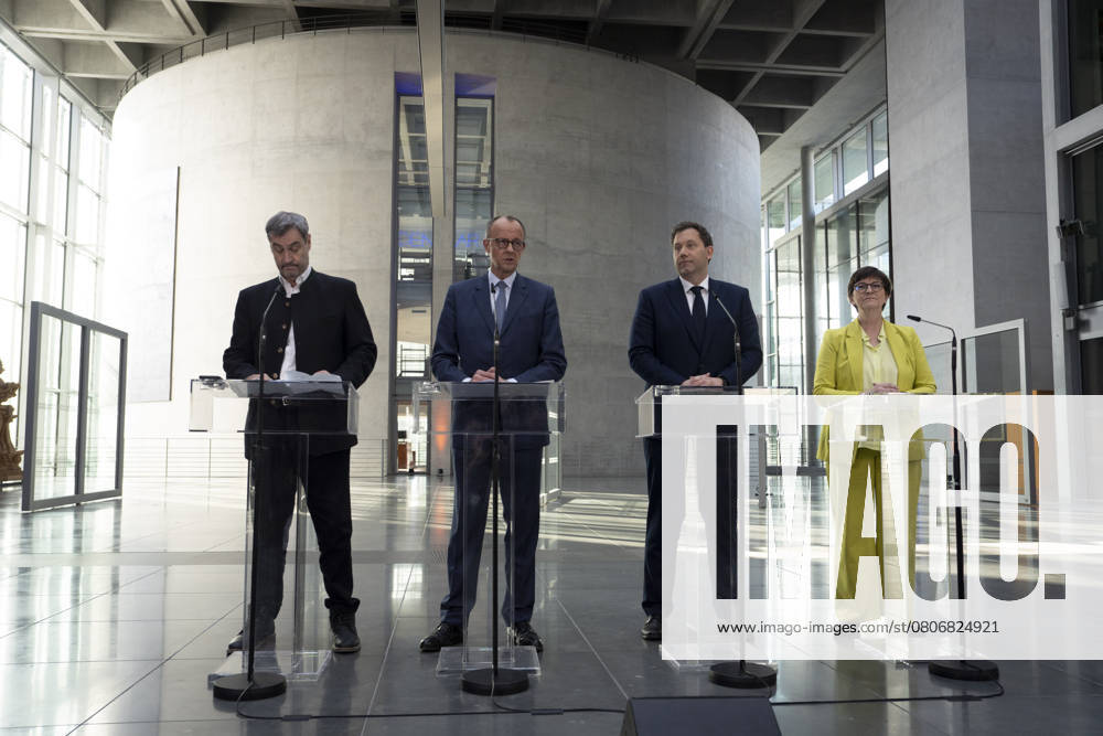 Lars Klingbeil, Saskia Esken, Friedrich Merz, Markus Söder Bundestag, Pressestatement, Partei- und Fraktionsspitze, SPD, CDU, CSU, Lars Klingbeil, Saskia Esken, Friedrich Merz, Markus Söder Berlin Berlin GER