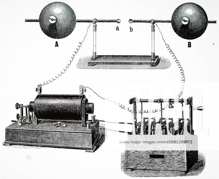 Illustration depicting Heinrich Hertz s experiment on electromagnetic waves: Hertz s oscillator. Terminals of an induction coil (bottom left) were connected to condenser A, B. Initial spark passing between metal balls at centre, A,B, formed a path for subsequent oscillations which were measured. Heinrich Hertz (1857-1894) a German physicist who conclusively proved the existence of the electromagnetic waves theorised by James Clerk Maxwell s electromagnetic theory of light. Dated 20th century 917_05_WHA_106_0034