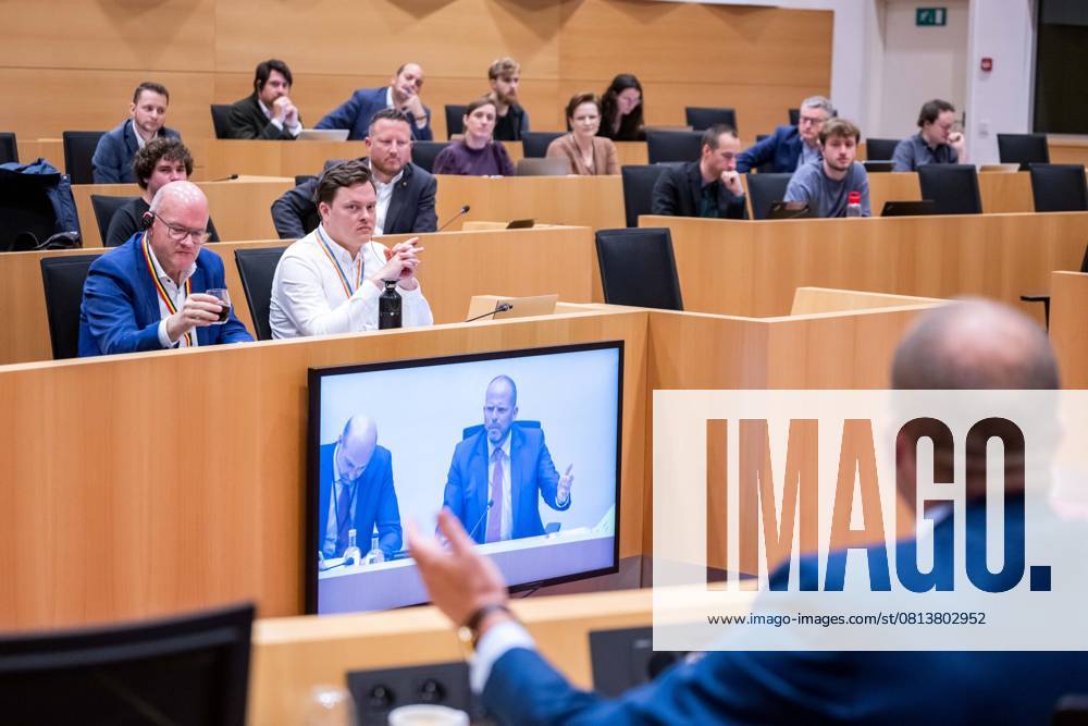 Minister of Defence and Foreign Trade Theo Francken (on screen) is pictured at a session of the parliamentary commission for National Defense, at the Federal Parliament in Brussels, Wednesday 23 April 2025. Current affairs debates on the defence budget, the purchase of new F-35s and the European Defence Summit and Ukraine. JONASxROOSENS 121623812
