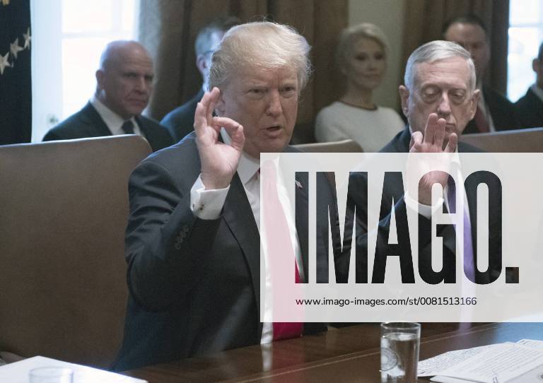 Washington, District of Columbia, United States of America - United States President Donald J. Trump makes opening remarks as he holds a Cabinet meeting in the Cabinet Room of the White House in Washington, DC on Wednesday, January 10, 2018. Looking on from right is US Secretary of Defense Jim Mattis..Credit: Pool via CNP Washington United States of America - ZUMAs152 20180110_zaa_s152_012
