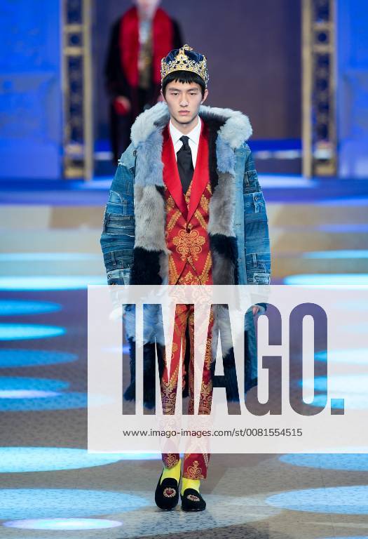 (180114) -- MILAN, Jan. 14, 2018 -- A model presents creations for fashion house Dolce&Gabbana during Milan Men s Fashion Week Fall Winter 2018 19 in Milan, Italy, Jan. 13, 2018. ) (gxn) ITALY-MILAN-FASHION WEEK-DOLCE&GABBANA JinxYu