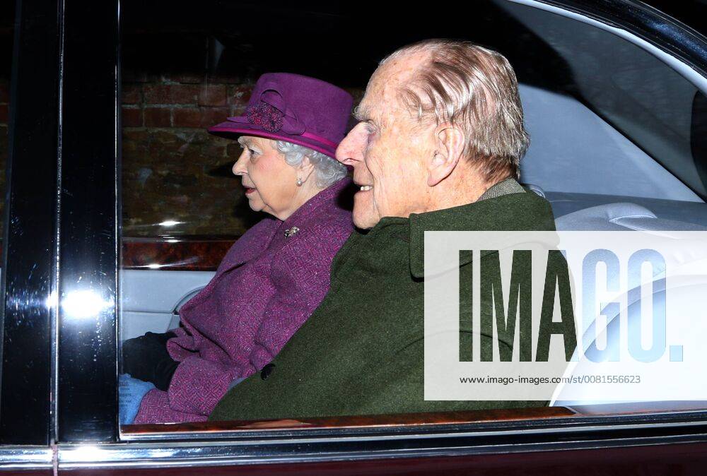 HM Queen Elizabeth II and Prince Philip, Duke of Edinburgh both take the car back to Sandringham House (Prince Philip, Duke of Edinburgh normally walks to and from church), after attending the St. Mary Magdalene Church Sunday morning service, in Sandringham, Norfolk, on January 14, 2018