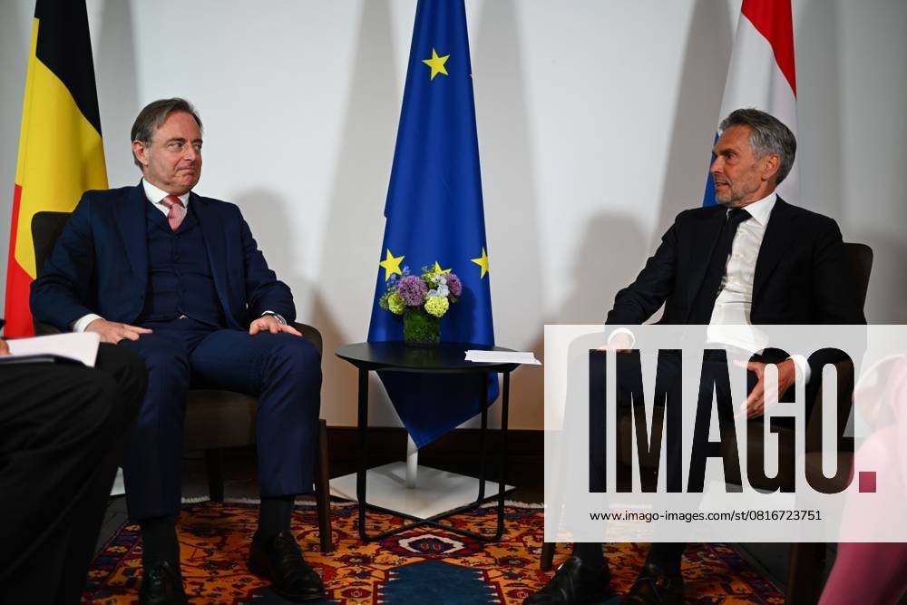 Belgian Prime Minister Bart De Wever and Dutch Prime Minister Dick Schoof meet during an official diplomatic visit to The Hague, the Netherlands, Tuesday 06 May 2025. Over one year ago, Russia started an invasion and war in Ukraine. The agenda includes a bilateral meeting and a dinner with the delegations, during which geopolitical developments, the war in Ukraine and relations between the two countries will be discussed. ERICxLALMAND 122882814