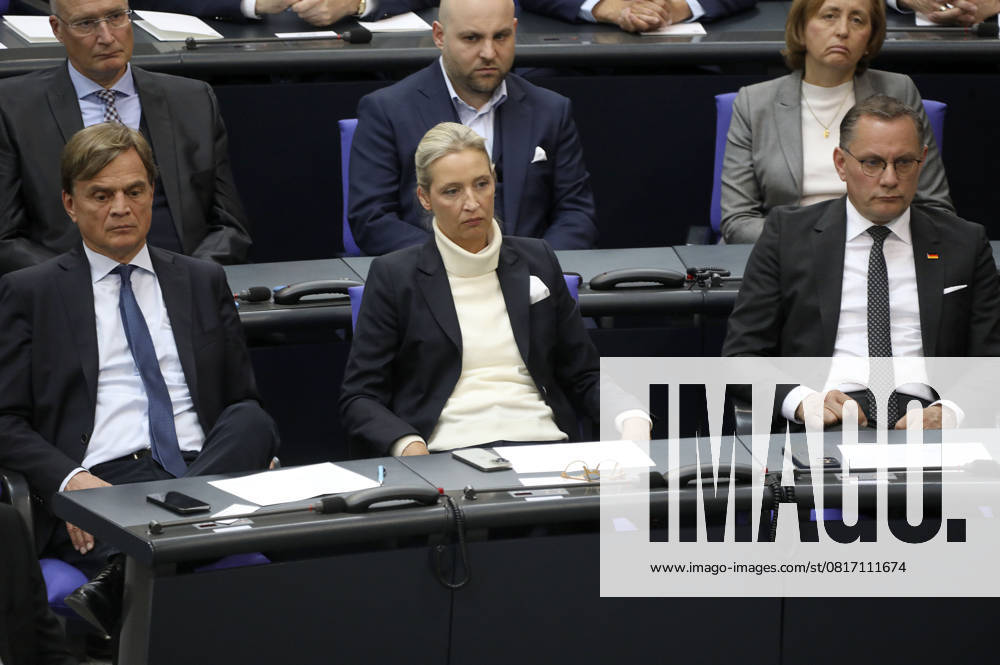 Bernd Baumann, Alice Weidel und Tino Chrupalla bei der Gedenkstunde im Bundestag zum 80. Jahrestag des Endes des Zweiten Weltkrieges. Berlin