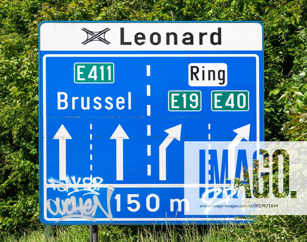 Blue Belgian road signs at the Leonard junction in Auderghem, Brussels, Belgium. 10 May 2025
