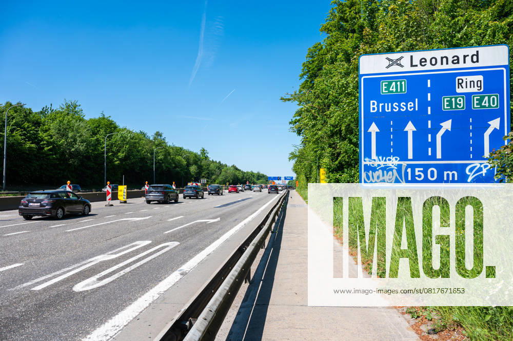 Blue Belgian road signs at the Leonard junction in Auderghem, Brussels, Belgium. 10 May 2025