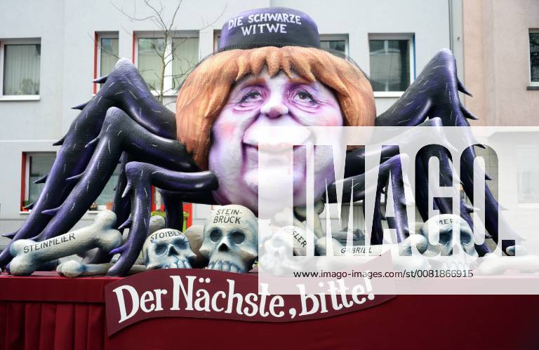 Rosenmontagszug in Düsseldorf - Themenwagen von Jacques Tilly Deutschland, NRW, Düsseldorf, Rosenmontagszug, Themenwagen von Jaques Tilly: Angela Merkel als Schwarze Witwe: Der Nächste bitte!