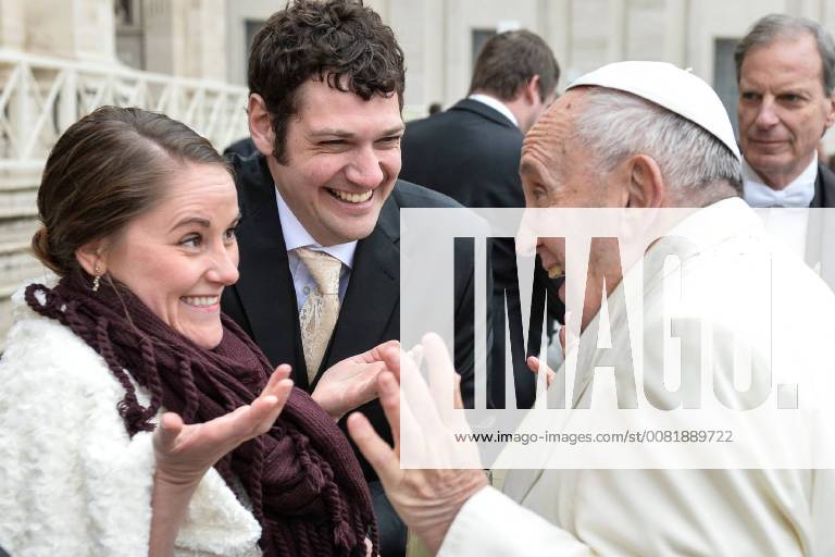 NO FRANCE - NO SWITZERLAND: February 14, 2018 : Pope Francis greets a newly married couple on Valentine s Day during the weekly general audience, in St. Peter s Square, at the Vatican. . NOT FOR SALE FOR MARKETING OR ADVERTISING CAMPAIGNS.