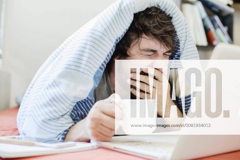 Junger Mann lernt, arbeitet gähnend am Computer im Bett, Homeoffice, Deutschland, Europa