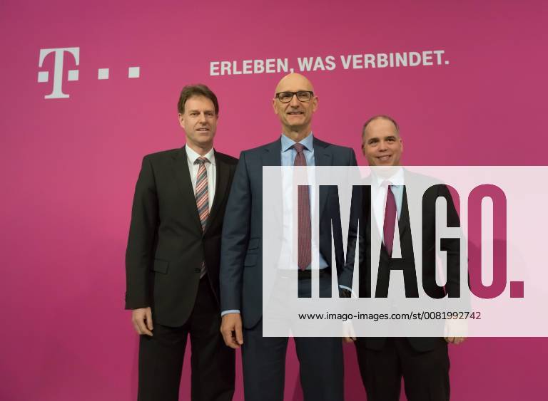 Themen der Woche Bonn, Deutschland, 22.02.2018, Deutsche Telekom AG Bilanz Pressekonferenz: V.l.n.r. CFO Thomas Dannenfeldt, CEO Tim Hoettges und der Telekom Deutschland Chef Dirk Woessner. Deutsche Telekom Bilanz