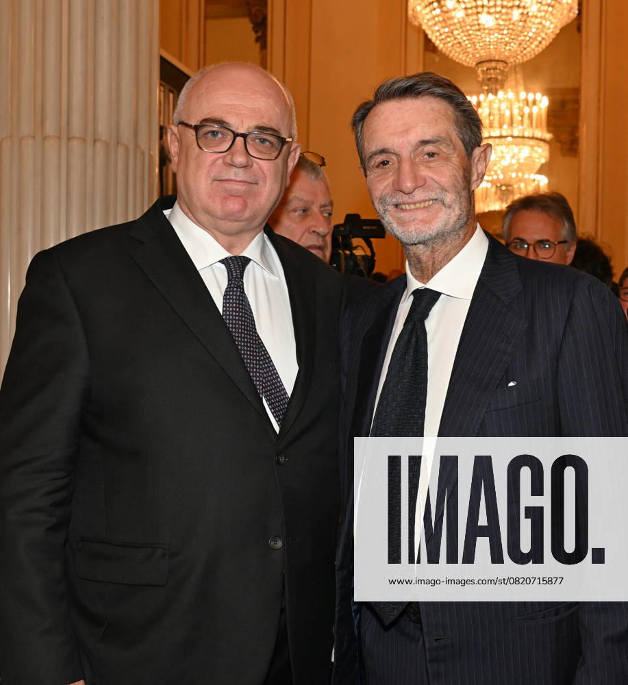 Milan,Italy Teatro alla Scala presentation of the 2025-2026 institutional season Milan, Italy Teatro alla Scala presentation of the 2025-2026 season institutional conference In the photo: Fortunata Ortombina superintendent and artistic director Teatro alla Scala with Attilio Fontana president governor of the Lombardy Region Milan Italy