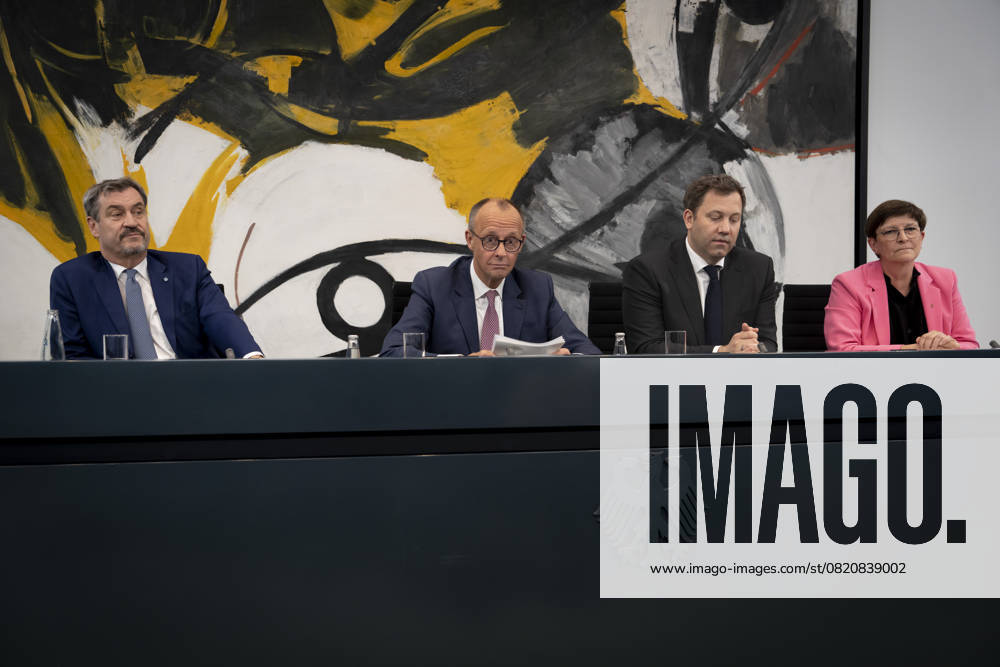 Koalitionsausschuss, Bundeskanzleramt, Pressekonferenz Koalitionsausschuss, Parteivorsitzende, SPD, CDU, CSU, Saskia Esken, Lars Klingbeil, Friedrich Merz, Markus Söder, Bundeskanzleramt, Pressekonferenz Berlin Berlin GER