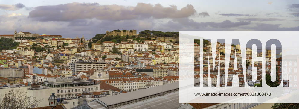 View of Lisbon from Miradouro de Sao Pedro de Alcantara at sunset, Lisbon, Portugal, Europe
