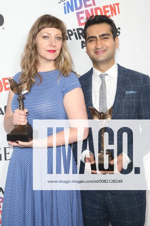 SANTA MONICA, CA - MARCH 3: Emily V. Gordon, Kumail Nanjiani at The 33rd Annual Film Independent Spirit Awards - Press Room at Santa Monica Pier in Santa Monica, California on March 3rd, 2018.